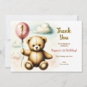 Teddy Bear Roze Ballon 1e Verjaardagsfeest Kaart (Voorkant)