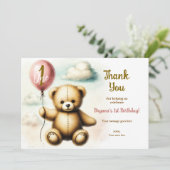 Teddy Bear Roze Ballon 1e Verjaardagsfeest Kaart (Staand voorkant)