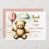 Teddy Bear Roze Ballon 1e Verjaardagsfeest Kaart (Voorkant / Achterkant)