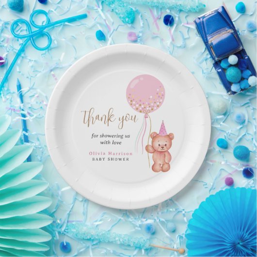 Teddy Bear Roze Ballon Meisje Baby shower Dank u Papieren Bordje (Feest)