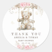 Teddy Bear Roze Bloemen Baby shower Dank u Ronde Sticker (Voorkant)