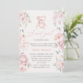Teddy Bear Roze Bloemen Meisje Baby shower Kaart (Staand voorkant)