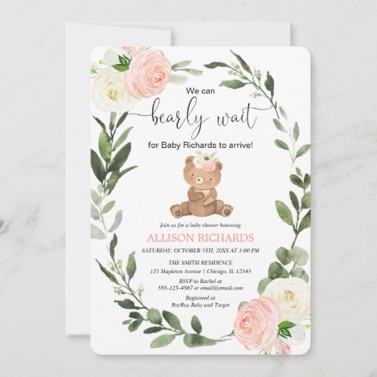 Teddy Bear roze groen bloemenmeisje baby shower Kaart (Voorkant)