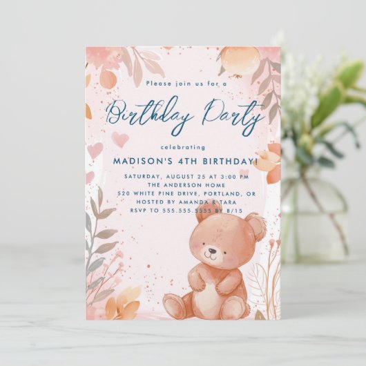 Teddy Bear Roze Kids Verjaardagsfeest Kaart (Staand voorkant)