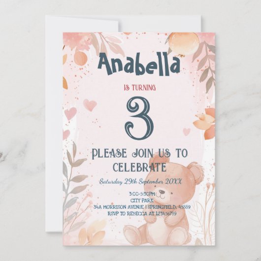 Teddy Bear roze meisje verjaardagsfeestje Kaart (Voorkant)