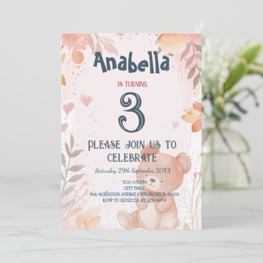 Teddy Bear roze meisje verjaardagsfeestje Kaart (Staand voorkant)