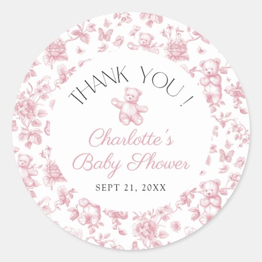 Teddy Bear Roze Toile Meisje Baby shower Bedankt Ronde Sticker (Voorkant)
