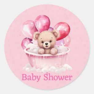 Teddy Bear Roze Tub & Balloon Meisje Baby shower Ronde Sticker