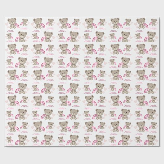 TEDDY BEAR Roze Verjaardag Wrapping Paper Roll Cadeaupapier (Vlak)