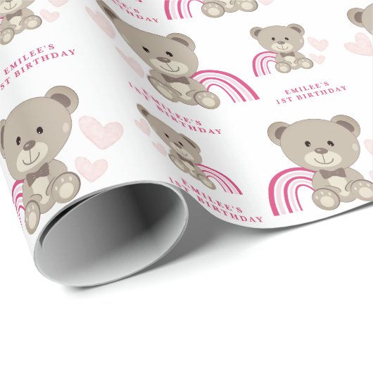 TEDDY BEAR Roze Verjaardag Wrapping Paper Roll Cadeaupapier (Rol Hoek)
