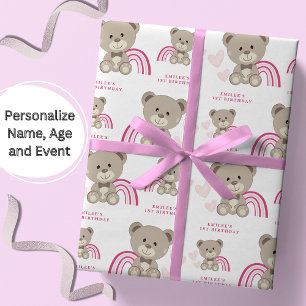 TEDDY BEAR Roze Verjaardag Wrapping Paper Roll Cadeaupapier