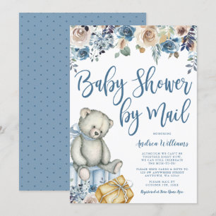Teddy Bear Rustic Floral Boy Baby shower per post Kaart