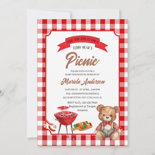 Teddy Bear`s Picknick Party Waterverf BabInvitatio Kaart (Voorkant)