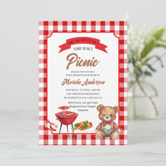 Teddy Bear`s Picknick Party Waterverf BabInvitatio Kaart (Staand voorkant)