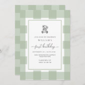 Teddy Bear Sage Gingham 1e verjaardag uitnodiging (Voorkant / Achterkant)