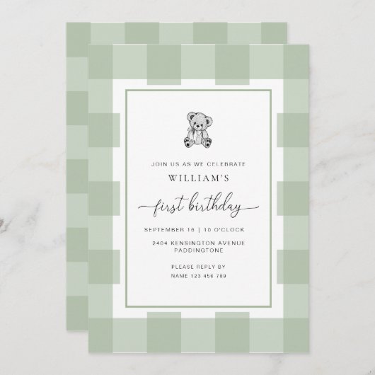 Teddy Bear Sage Gingham 1e verjaardag uitnodiging (Voorkant / Achterkant)