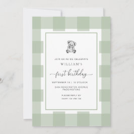 Teddy Bear Sage Gingham 1e verjaardag uitnodiging