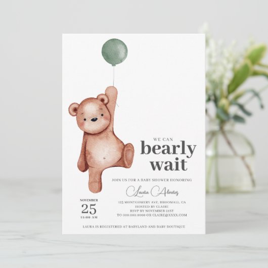 Teddy Bear Sage Green Baby shower Kaart (Staand voorkant)