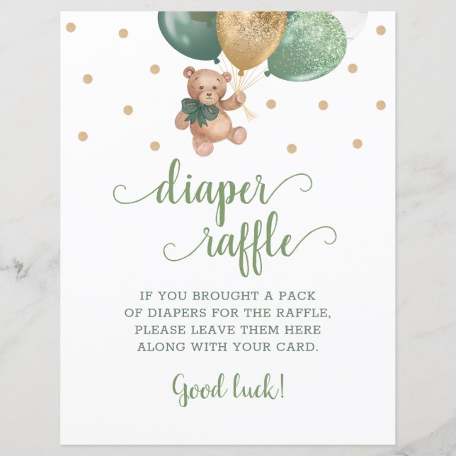 Teddy Bear Sage Green Diaper Raffle Game (Voorkant)