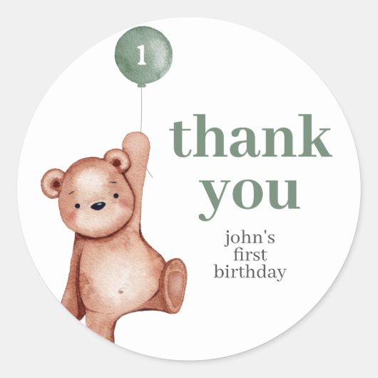 Teddy Bear Sage Green Eerste Verjaardag Party Favo Ronde Sticker (Voorkant)