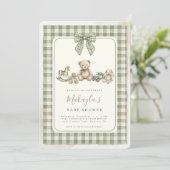 Teddy Bear Sage Green Gingham Bow Baby Shower Kaart (Staand voorkant)