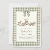 Teddy Bear Sage Green Gingham Bow Baby Shower Kaart (Voorkant)