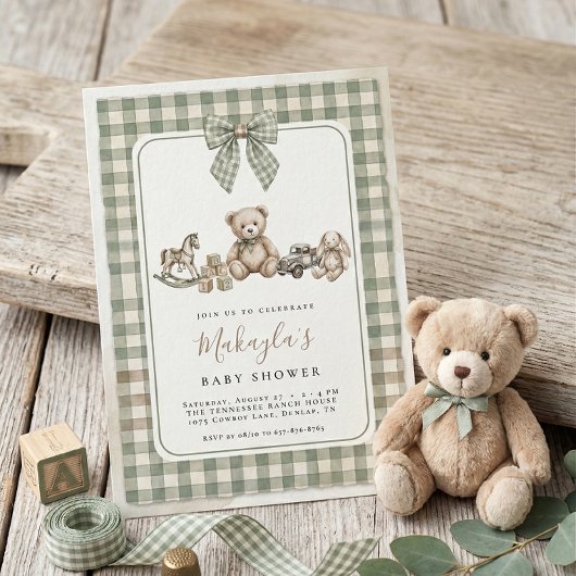 Teddy Bear Sage Green Gingham Bow Baby Shower Kaart