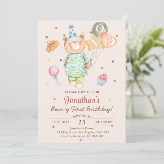 Teddy Bear Sage Groene Beer Eerste Verjaardag Kaart (Staand voorkant)