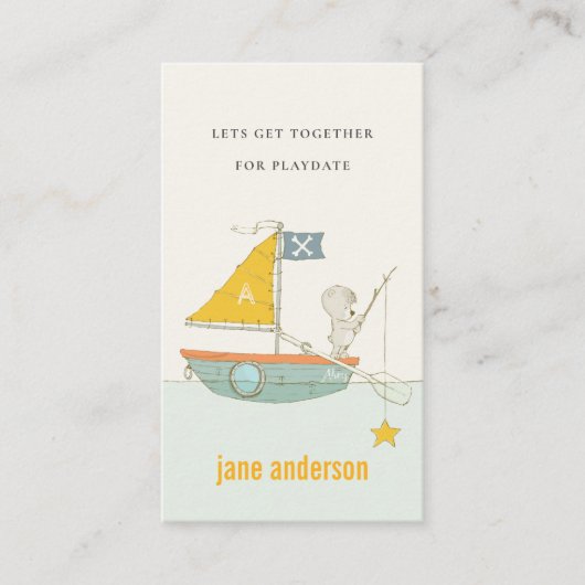 Teddy Bear Sailboat Monogram Kind Playdate Roep Visitekaartje (Voorkant)
