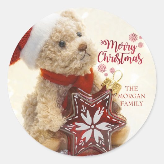 Teddy Bear, Santa Hat, kerstversiering Ronde Sticker (Voorkant)