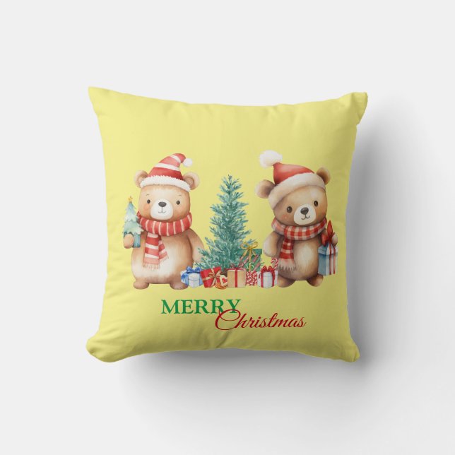 Teddy Bear Santa Rood Groen Vrolijk Kerstfeest Kussen (Voorkant)
