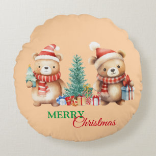 Teddy Bear Santa Rood Groen Vrolijk Kerstfeest Rond Kussen
