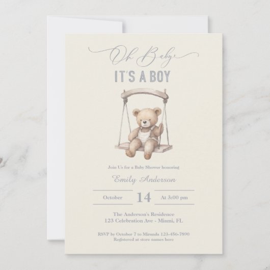 Teddy Bear Script Boho Baby shower Boy Kaart (Voorkant)