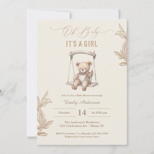 Teddy Bear Script Boho Baby shower Meisje Kaart (Voorkant)