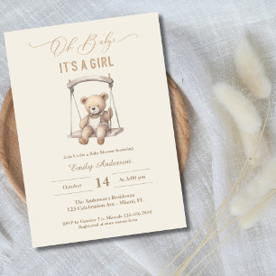  Teddy Bear Script Girl Baby shower Kaart