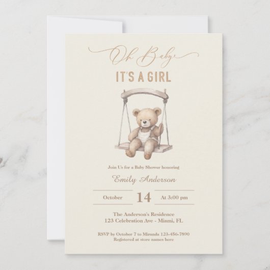  Teddy Bear Script Girl Baby shower Kaart (Voorkant)