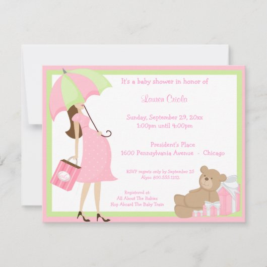 Teddy Bear Shoping and Pink Baby shower Invitation Kaart (Voorkant)