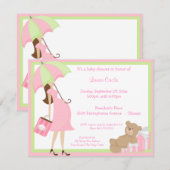 Teddy Bear Shoping and Pink Baby shower Invitation Kaart (Voorkant / Achterkant)
