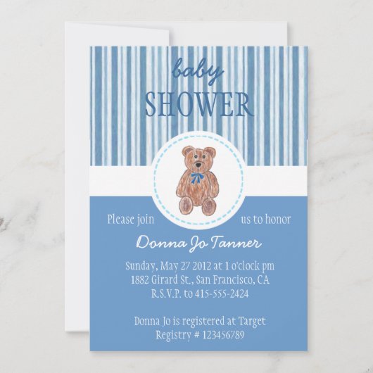 Teddy Bear Sketch Baby shower Invitation - Blue Kaart (Voorkant)