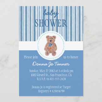 Teddy Bear Sketch Baby shower Invitation - Blue Kaart