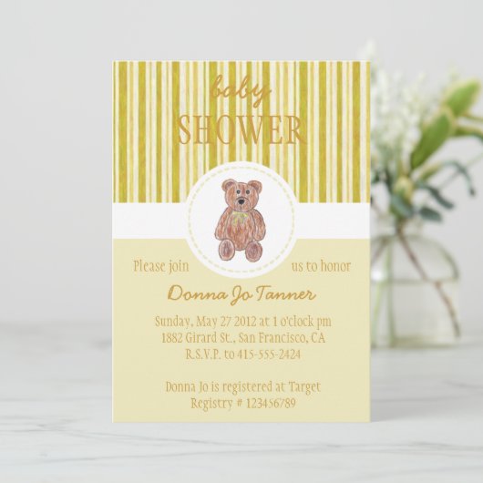 Teddy Bear Sketch Baby shower Invitation - Geel Kaart (Staand voorkant)