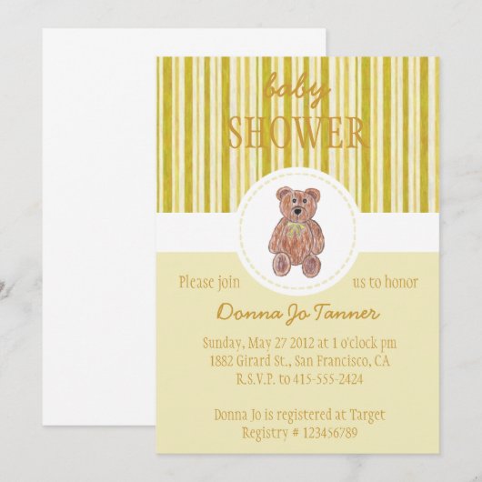 Teddy Bear Sketch Baby shower Invitation - Geel Kaart (Voorkant / Achterkant)