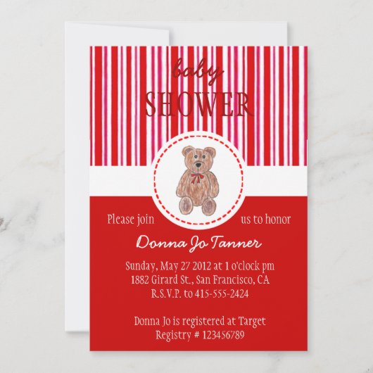 Teddy Bear Sketch Baby shower Invitation - Red Kaart (Voorkant)