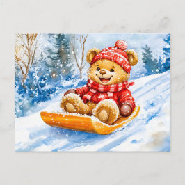 Teddy Bear Sledding Downhill in Winter Briefkaart