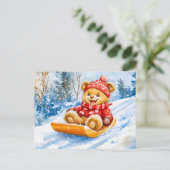 Teddy Bear Sledding Downhill in Winter Briefkaart (Staand voorkant)