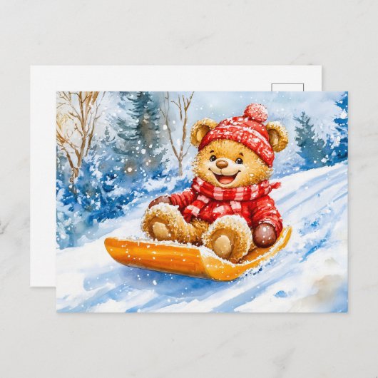 Teddy Bear Sledding Downhill in Winter Briefkaart (Voorkant / Achterkant)
