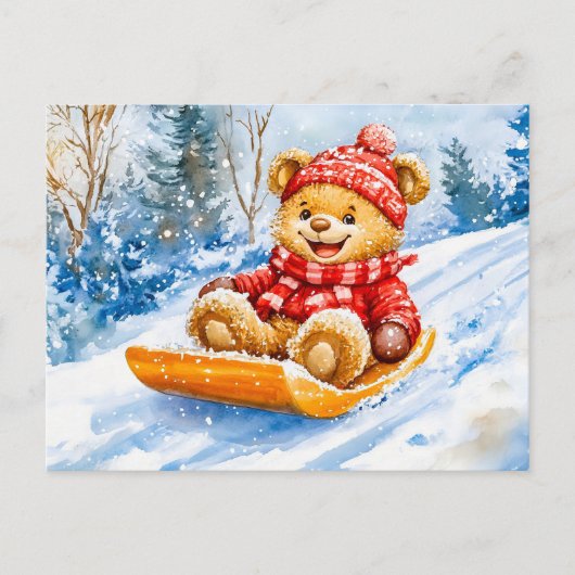 Teddy Bear Sledding Downhill in Winter Briefkaart (Voorkant)