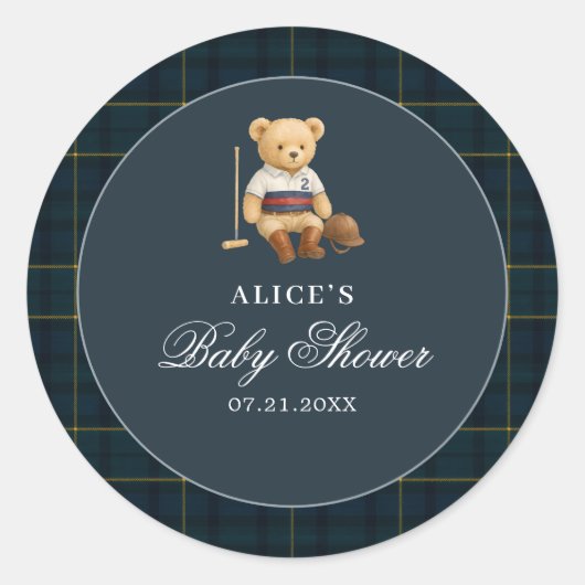 Teddy Bear Sport Navy blauw Baby shower Ronde Sticker (Voorkant)