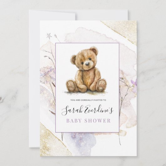 Teddy Bear Spring Wildflowers Baby shower Kaart (Voorkant)