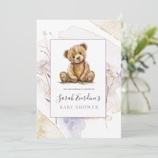 Teddy Bear Spring Wildflowers Baby shower Kaart (Staand voorkant)